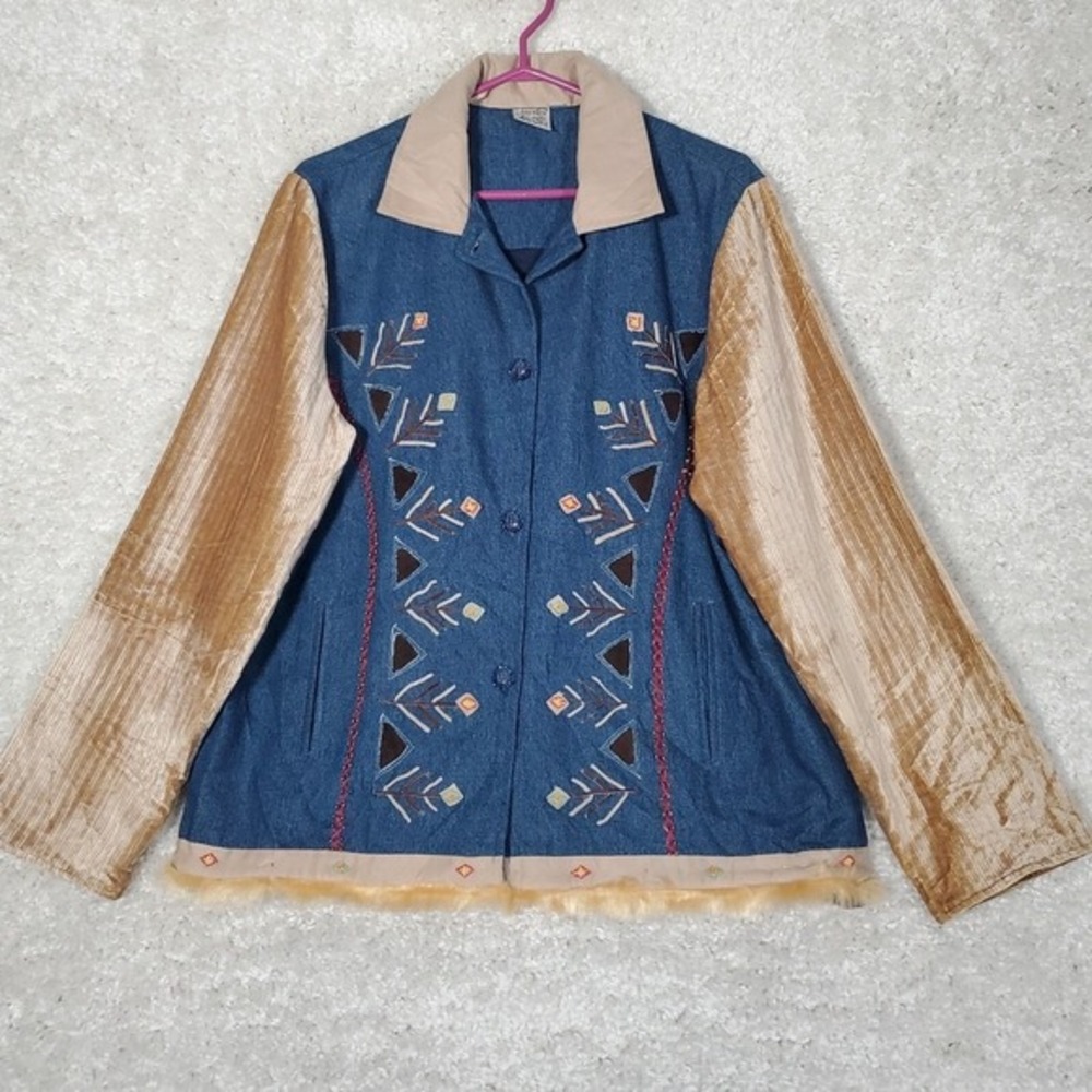 Parsley & Sage Denim Jacket Women XL Blue Gold Velvet Sleeve‎ Boho Embroidered
